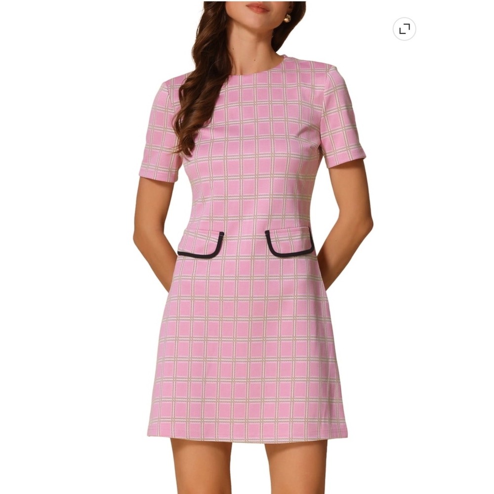 Allegra K Plaid Shift Dress Women Medium Pink Mod Retro A-Line Mini Short Sleeve